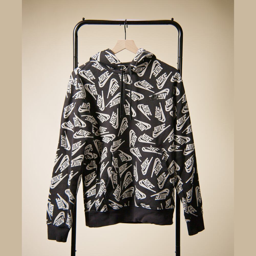Nike Sportswear Men’s Hoodie Small Black White All Over Logo Print Pullover